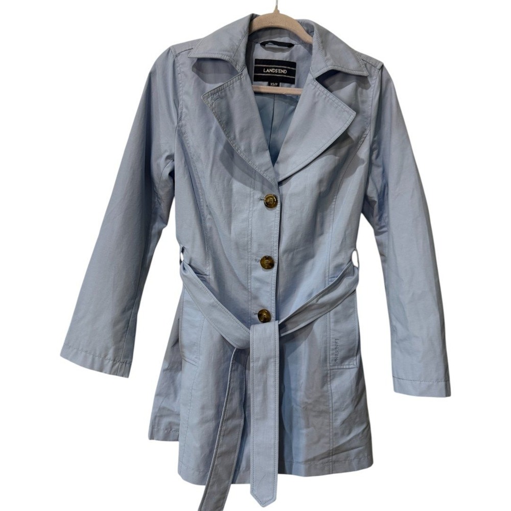 Lands' End Trench Coat Belted Collared Classic‎ Rain Coat Light Blue XS